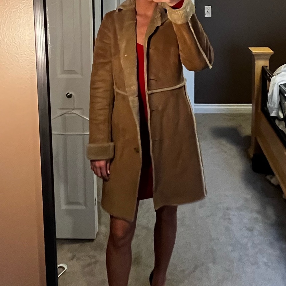 Ann Taylor Brown Tan Vintage Suede Soft Fur Lined Long Jacket Coat